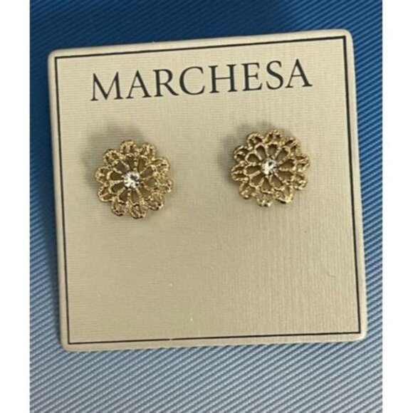 Marchesa Gold-Tone Flower Crystal Accent Center Stud Earrings - Picture 1 of 3